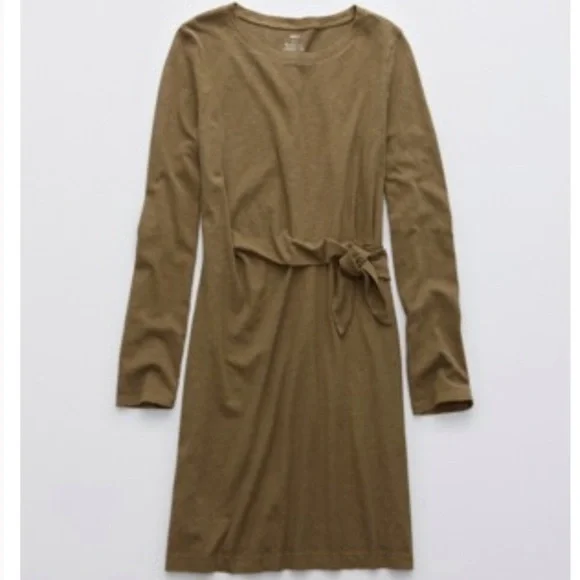 Aerie Women L Olive Green Cotton Casual Long Sleeve Side Tie T-Shirt Dress - Picture 2 of 12